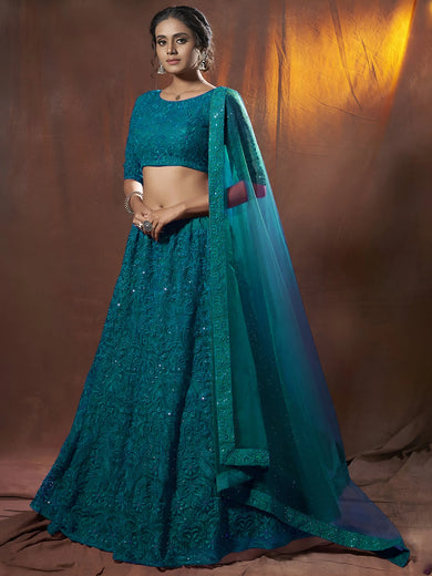 Spectacular Teal Green Sequins Net Party Wear Lehenga Choli With Dupatta